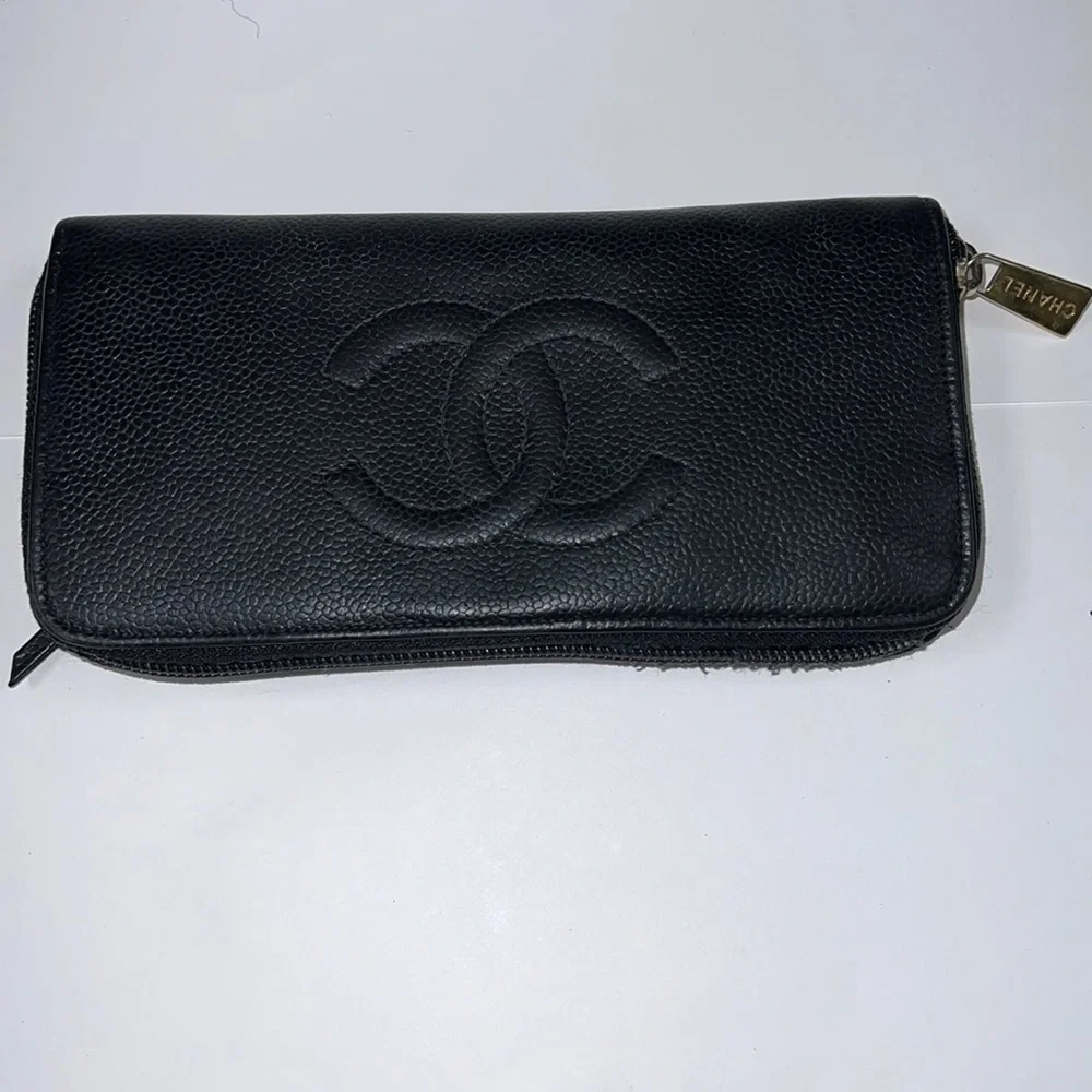 Chanel Classic Black Caviar Leather Long Clutch Zip Around Wallet